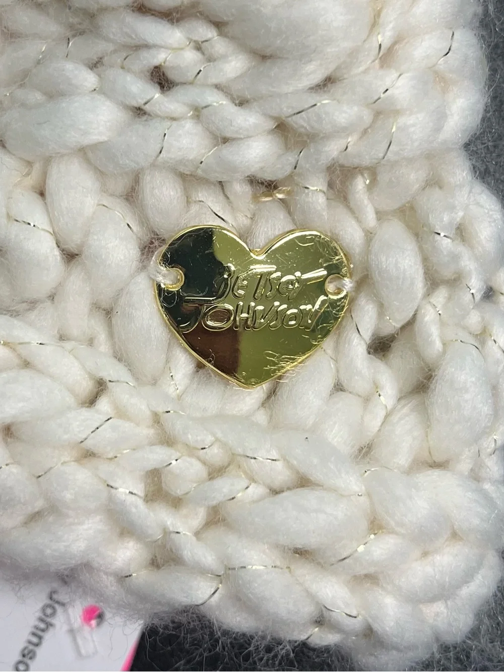 Betsey Johnson Ivory Chunky Knit Scarf with Pearl & Metallic Thread Detail